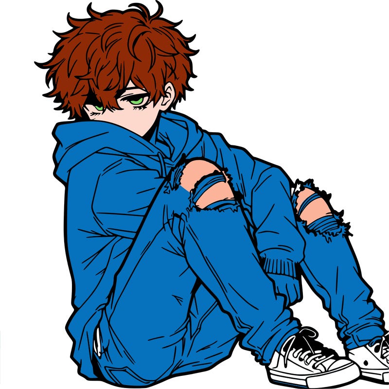 a male hoddie ripped jeans messy hair anime