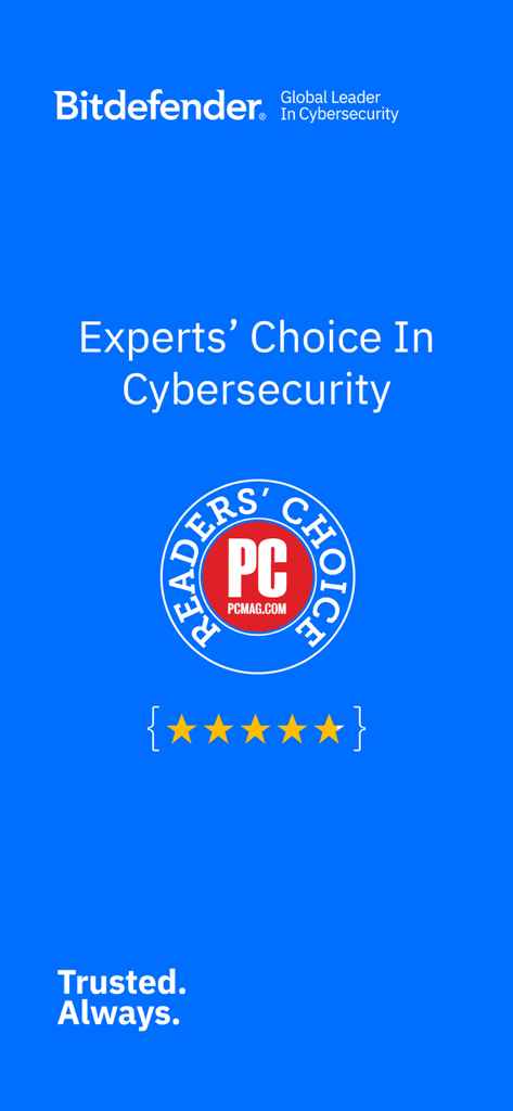 Bitdefender Mobile Security - PCMag読者選択賞と5つ星評価を獲得したサイバーセキュリティにおけるBitdefenderエキスパートチョイス