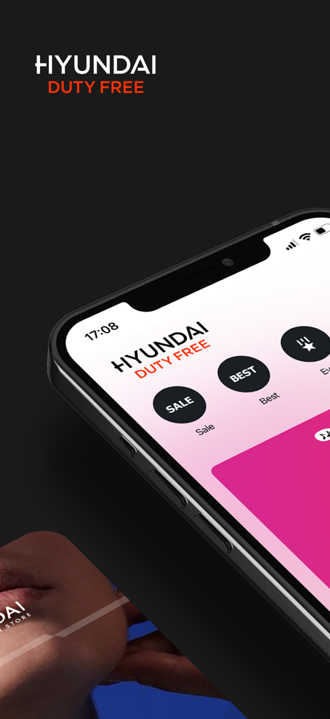 Hyundai Duty Free shopping app interface on a smartphone screen