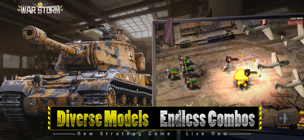 War Storm: Modern Warfare - Un tanque de camuflaje y una vista táctica del campo de batalla mostrando ataques aéreos y movimientos de tropas en War Storm Modern Warfare.