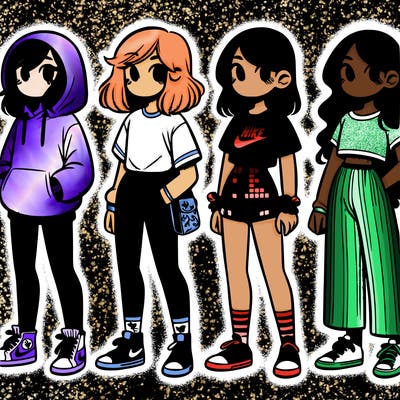 a girl with a hoodie, nike, and leggings. then a girl wearing a top, shorts, and converse. then another girl with a top with shorts and nike. another girl with a t-shirt and some bell bottoms