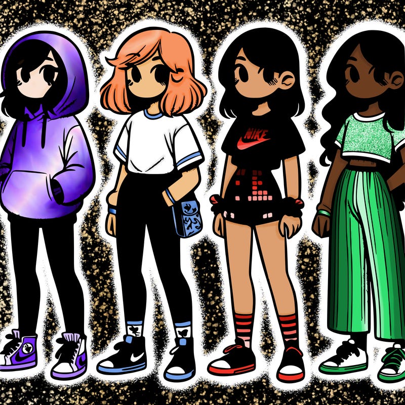 a girl with a hoodie, nike, and leggings. then a girl wearing a top, shorts, and converse. then another girl with a top with shorts and nike. another girl with a t-shirt and some bell bottoms