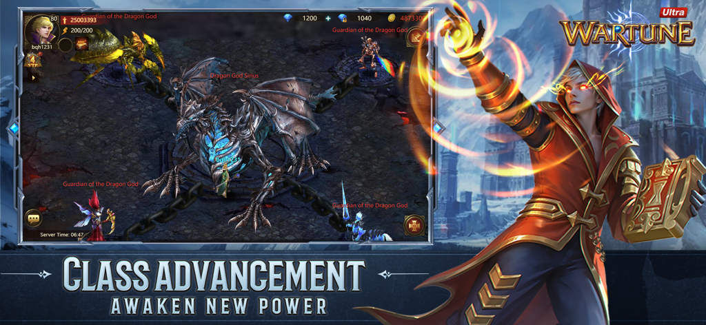 Wartune Ultra - Wartune Ultra gameplay screenshot showing a giant dragon boss battle and a mage character with class advancement text