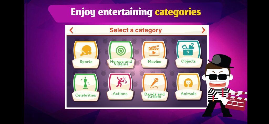 Charades - Guessing Party Game - Un menú que muestra diversas categorías como Deportes y Películas en el juego de fiesta Charades.