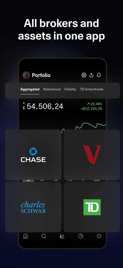 getquin - Portfolio Tracker - Una pantalla de smartphone que muestra la aplicación getquin con un saldo de cartera de inversiones agregado y logotipos de instituciones financieras populares como Chase y Vanguard.