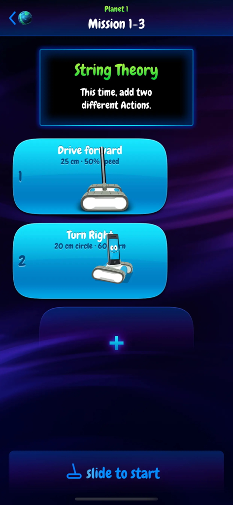 Romo - The Romo app interface showing a sequence of robot actions for Mission 1-3 String Theory.