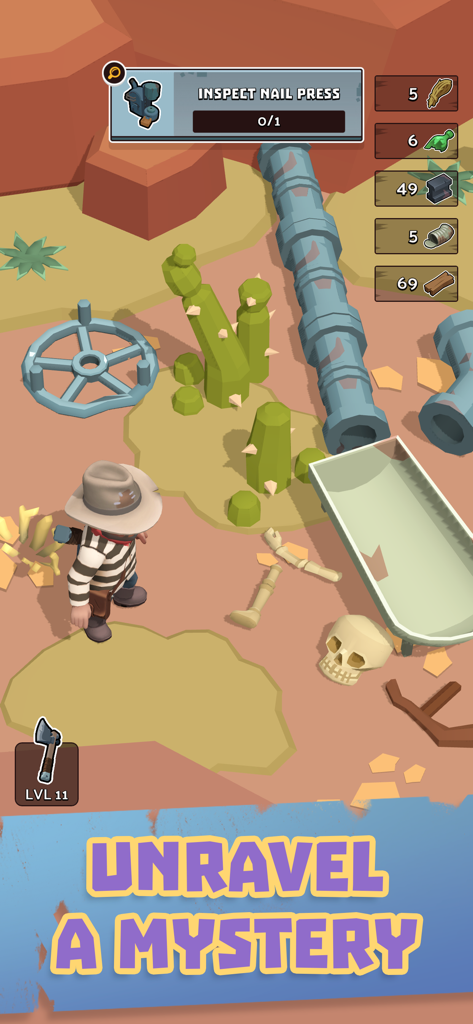 West Escape - Un personnage de cowboy explore un environnement désertique dans le jeu mobile West Escape