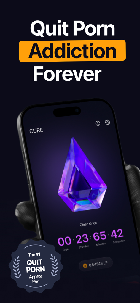CURE app interface showing a streak counter and a purple crystal icon for quitting porn addiction.