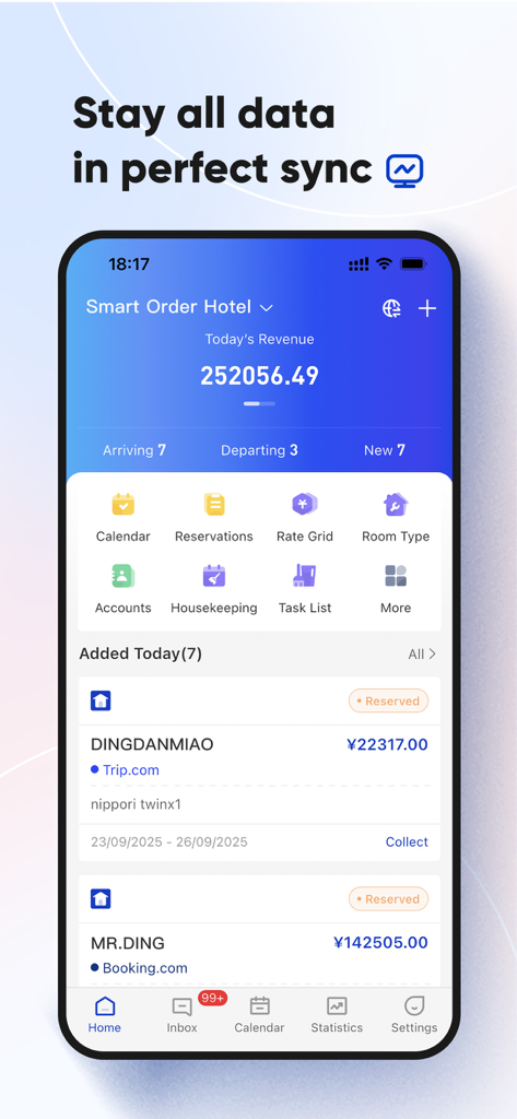 Panel de control móvil de Smart Order PMS mostrando ingresos diarios e información de reservas de invitados sincronizada