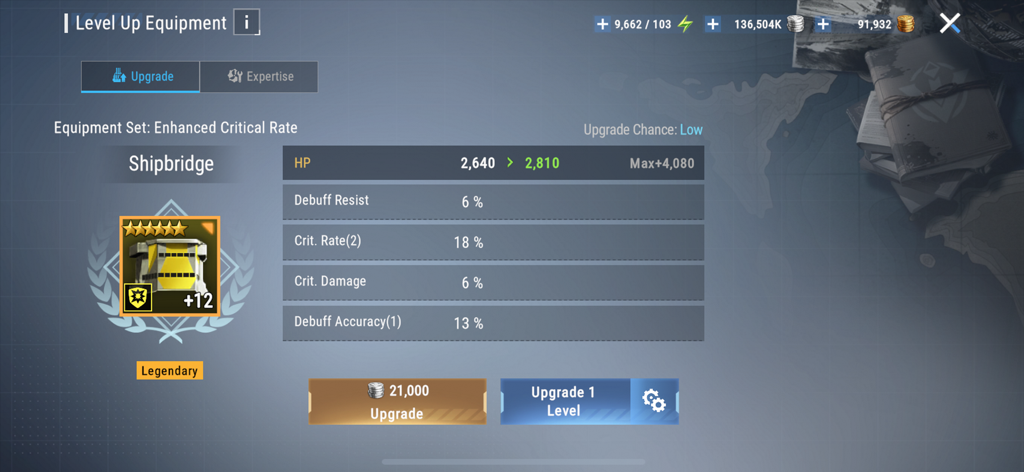 Armada: Warships Legends - Interface for upgrading legendary shipbridge equipment showing stats and costs in Armada Warships Legends