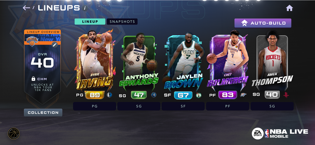 EA SPORTS™ NBA LIVE Mobile - Pantalla de alineación del equipo de NBA LIVE Mobile que muestra cartas de jugadores de baloncesto, incluidos Kyrie Irving y Jaylen Brown