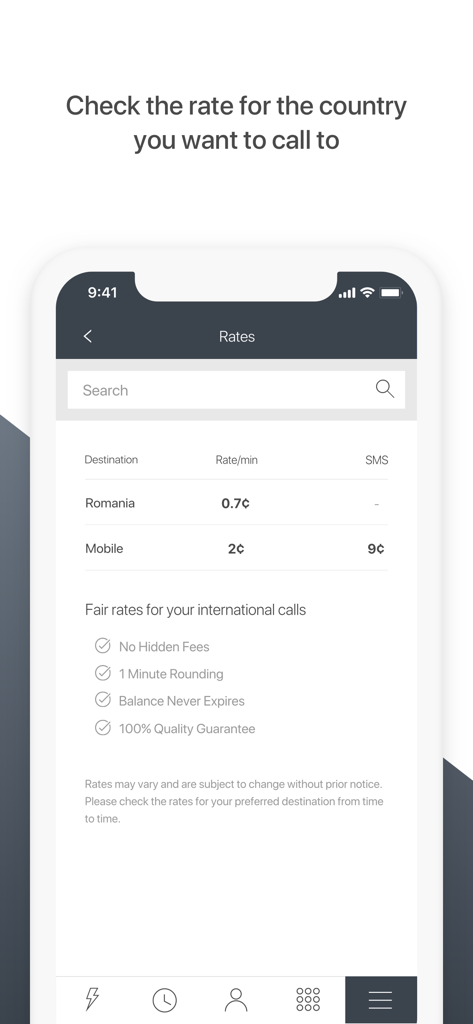 PhoneClub – Best Calling Rates - PhoneClub app interface showing cheap international calling rates to Romania and a list of service benefits like no hidden fees.