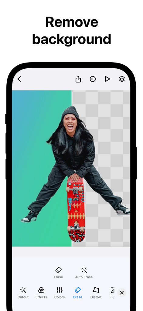 Creatic: Graphic Design Editor - A person on a skateboard with half the background removed in the Creatic app.