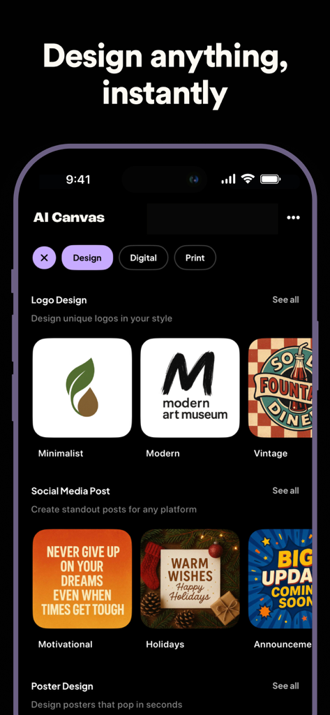 AI Canvas - AI Image Generator - AI Canvas interface showing logo and social media post design templates