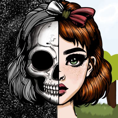 realistic girl with half skull mask