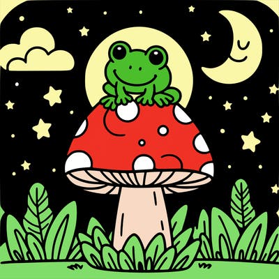mushroom during night with moon and stars and a frog on top of the mushroom