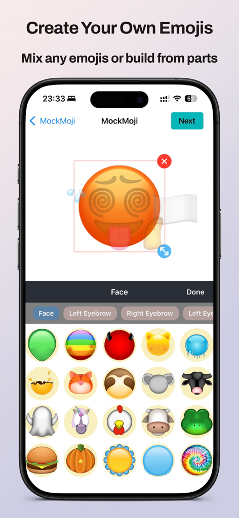 An iPhone screen showing the MockMoji app interface used to create custom emojis by mixing different parts and faces