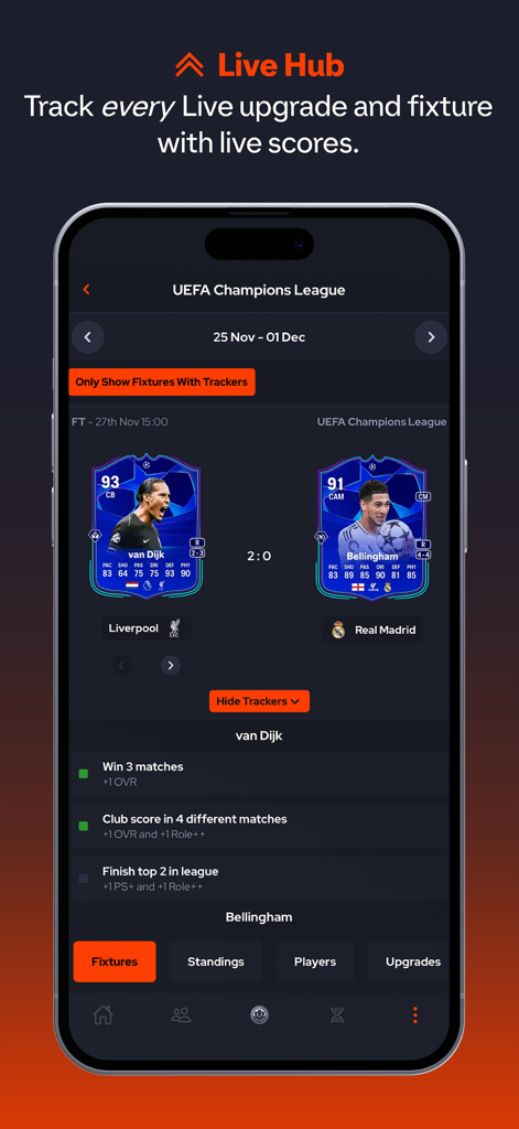 FUT.GG - FC 26 Evos & Prices - FUT.GG app Live Hub screen showing player upgrade trackers and live match fixtures for FC 26.