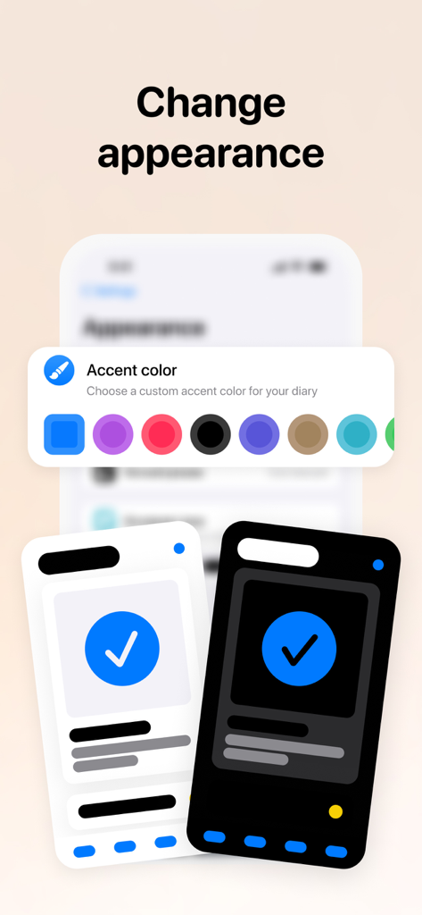 Secret Diary with Lock - Muse - Interfaz que muestra las opciones de personalización para colores de acento y temas claros u oscuros en la aplicación de diario Muse