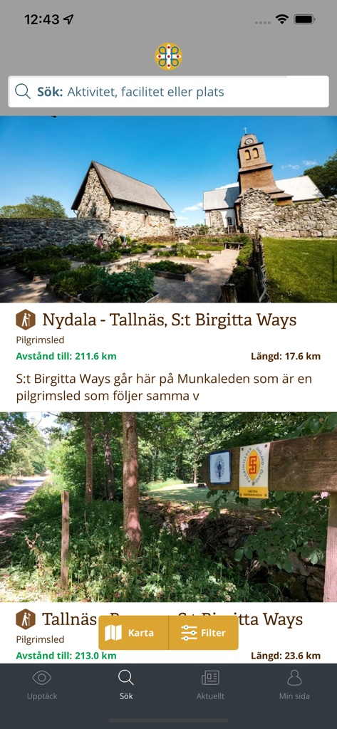 Oberfläche der App Saint Birgitta Ways, die eine Liste von Pilgerwanderwegen in Schweden mit malerischen Fotos und Routendetails anzeigt