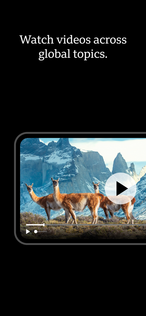 BBCアプリのビデオプレーヤー。山とラマが登場する自然ドキュメンタリーのシーンを示しています。