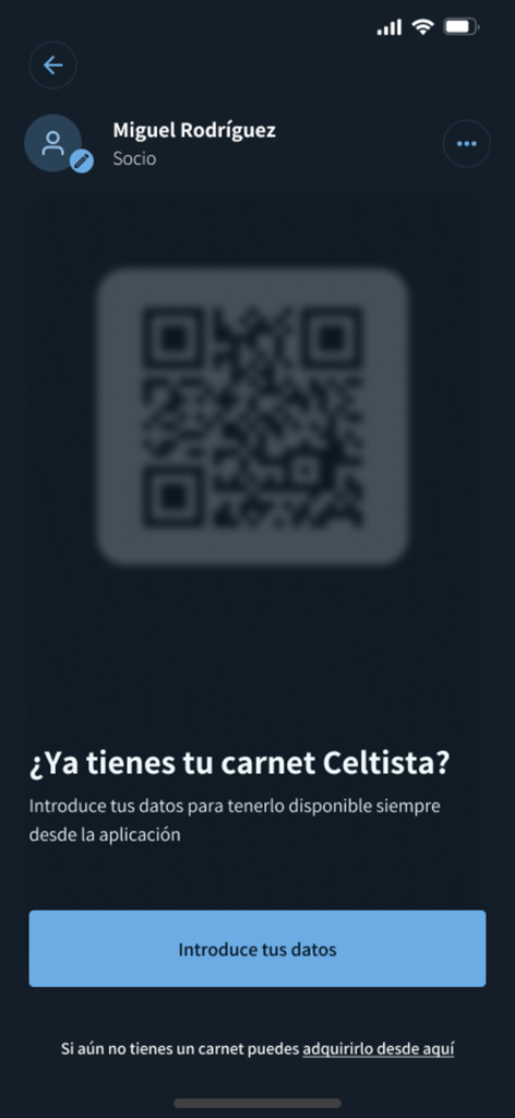 Celta App - Bildschirm für die digitale Mitgliedskarte in der Celta App mit einem QR-Code und Benutzerprofil für Miguel Rodriguez