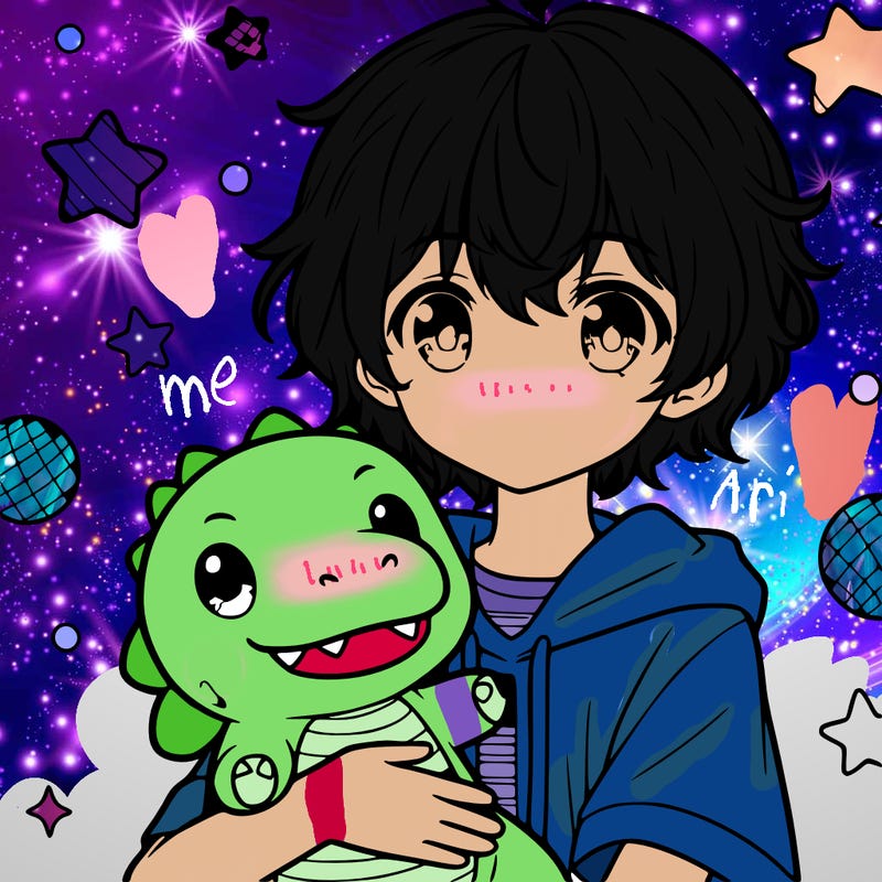 a cute anime girl holding a plush dinosaur