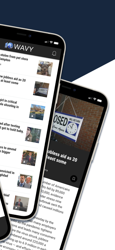 A preview of the WAVY TV 10 Norfolk news app interface showing local news articles and headlines on mobile devices