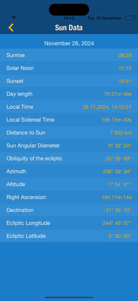 The Sun: Sunrise sunset Times - Interface of The Sun app showing detailed astronomical data including sunrise sunset times and solar azimuth