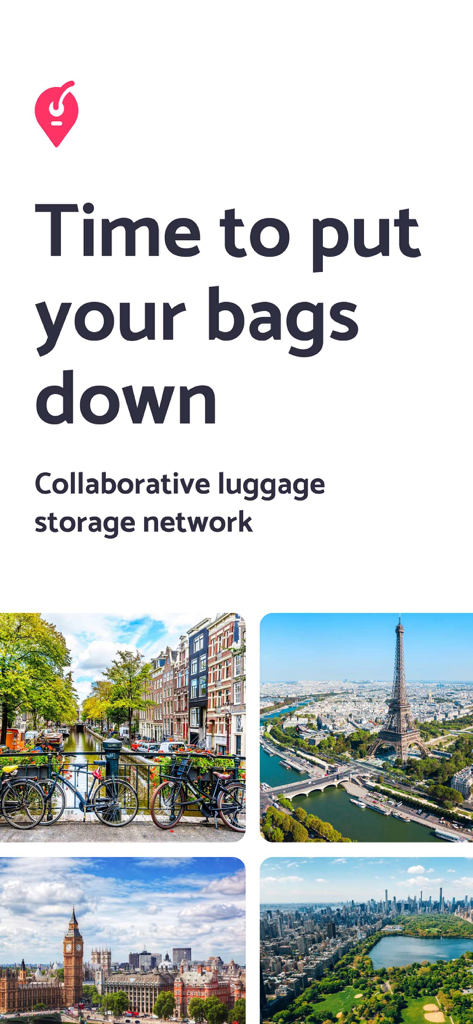 Nannybagアプリのウェルカム画面、旅行のランドマーク写真と荷物預かりネットワークの説明