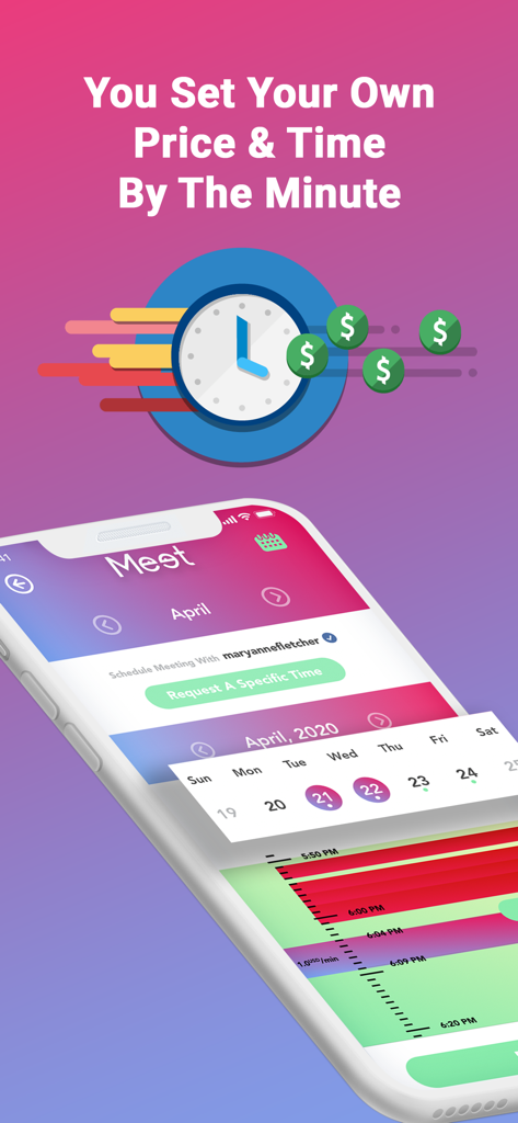 Meet - Captura de pantalla de la interfaz de la aplicación Meet que muestra funciones para establecer precios personalizados y programar reuniones por minuto.