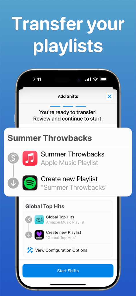 Apple MusicからSpotifyへ音楽プレイリストを転送するSongShiftアプリのインターフェースを表示したiPhoneの画面