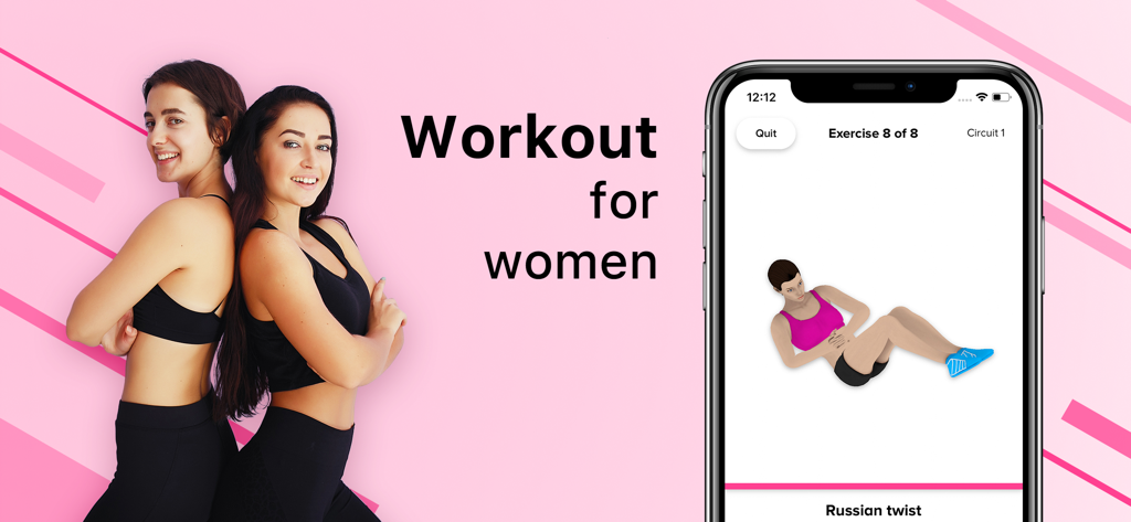 Women Workout ™ HIIT Exercise - Dos mujeres sonrientes con equipo de fitness junto a un smartphone que muestra un avatar 3D realizando un ejercicio de giro ruso en la aplicación Women Workout HIIT.