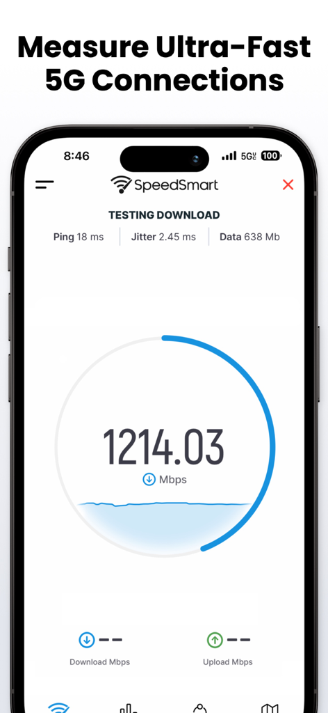 Interfaccia dell'app mobile SpeedSmart che misura una connessione Internet 5G ultraveloce con un risultato superiore a 1200 Mbps