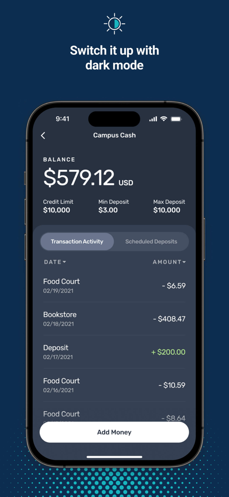 Transact eAccounts - Iphone screen showing Transact eAccounts app in dark mode displaying campus cash balance and recent transactions history.