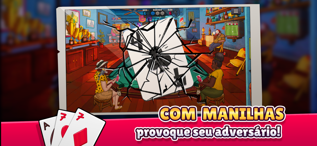 Truco Arena gameplay featuring animated characters and card matches in a Brazilian bar setting