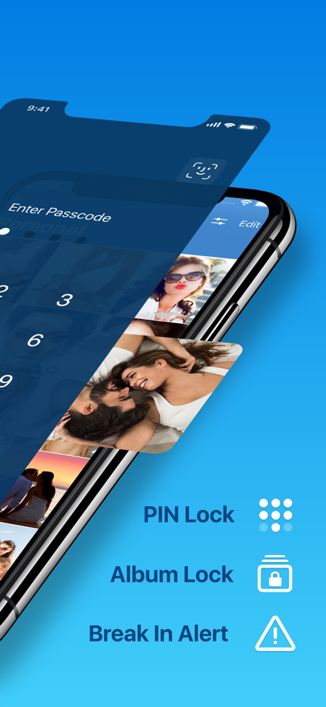 A mobile interface showing private photo folders secured by PIN lock and album protection with break-in alerts.