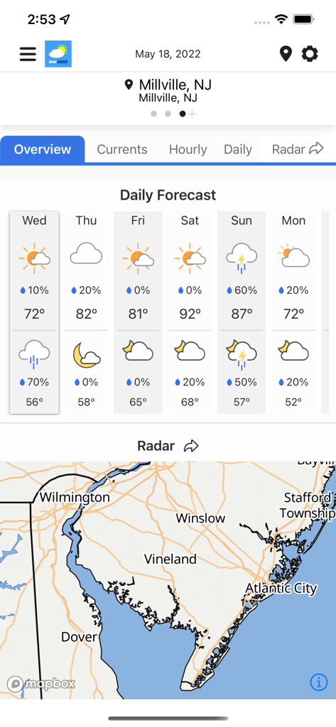 NorCast Weather app screen displaying a six day forecast and a local radar map for Millville New Jersey