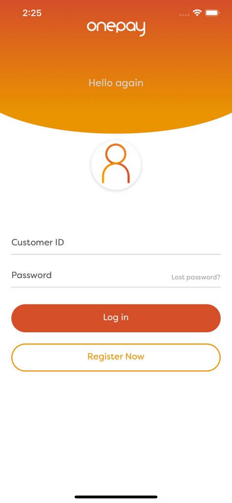 My OnePay - La pantalla de inicio de sesión de la aplicación móvil My OnePay con campos para ID de cliente y contraseña.