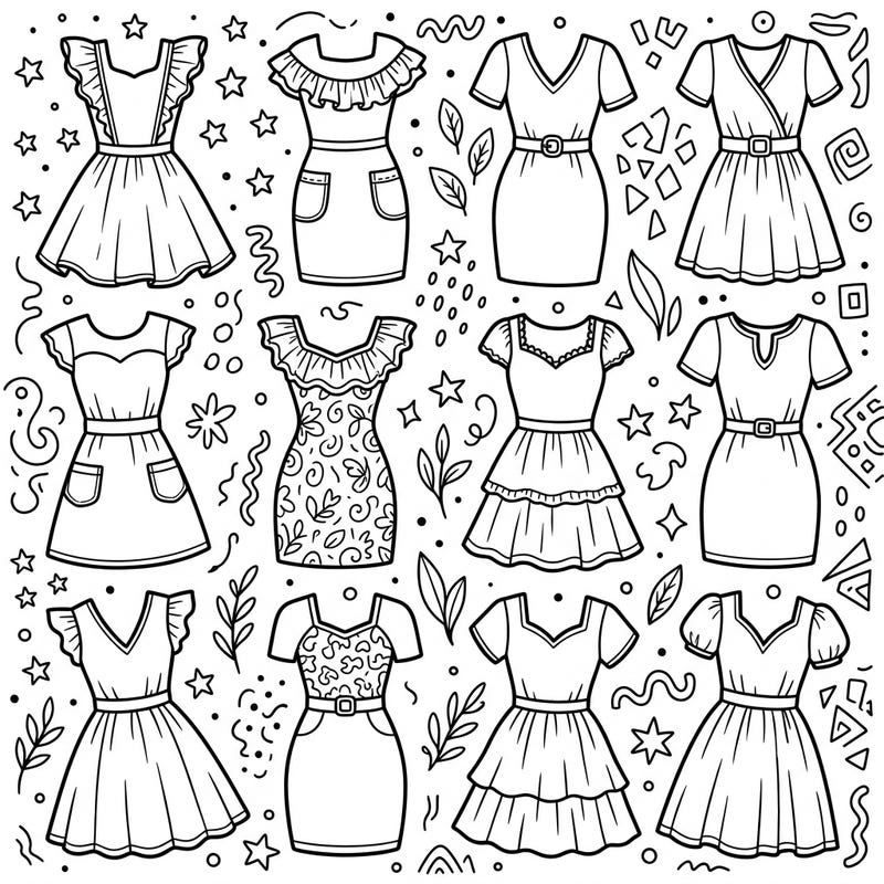 Discover a collection of fashionable mini dresses ready for your creative touch! This engaging coloring page offers teens a fun way to explore design and color their favorite outfits.