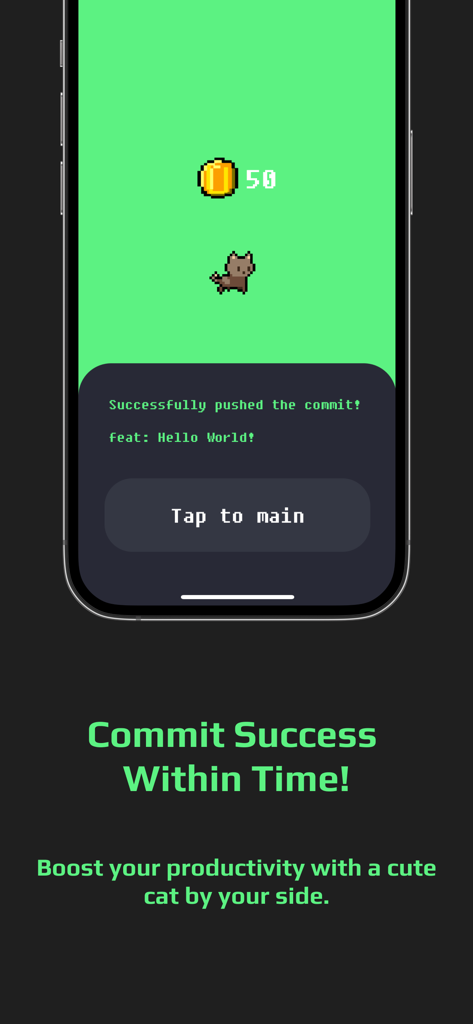 CommitCat - Focus, Commit - CommitCat app screen showing a successful GitHub commit message and pixel art cat.
