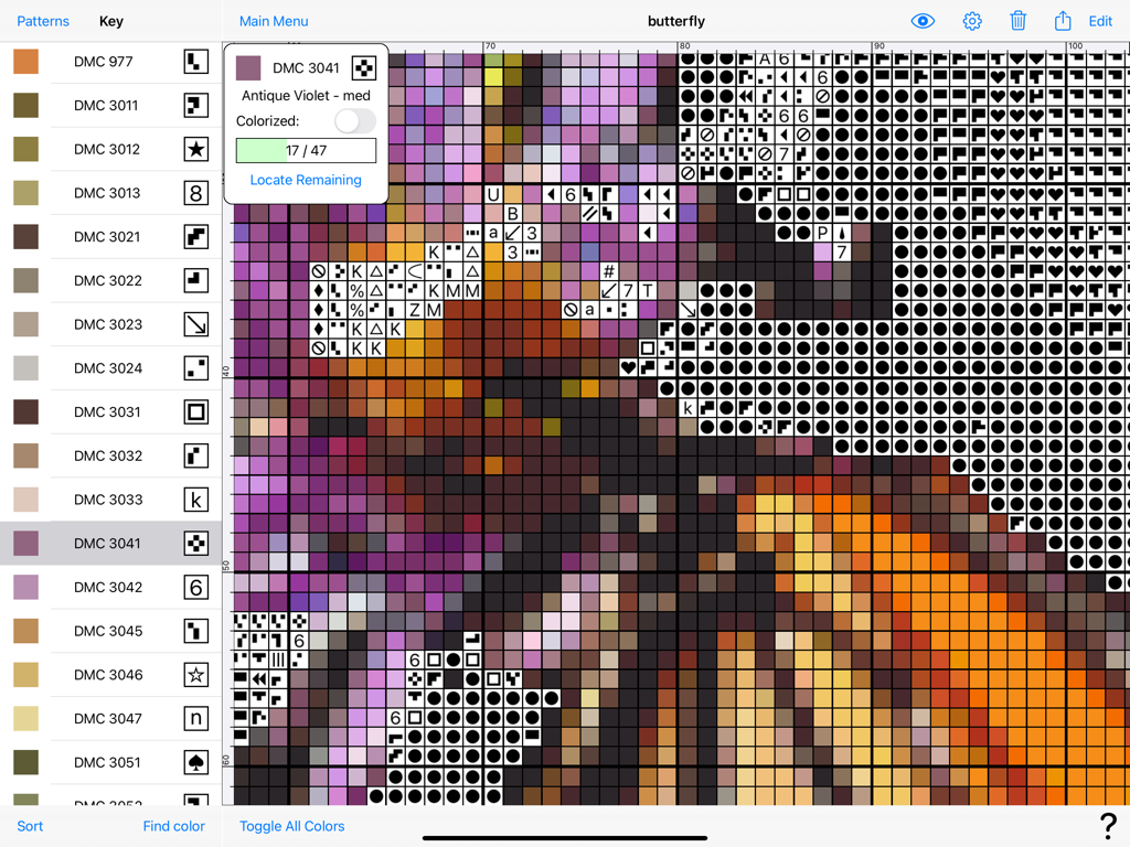 Butterfly cross stitch pattern with DMC thread colors and progress tracking.