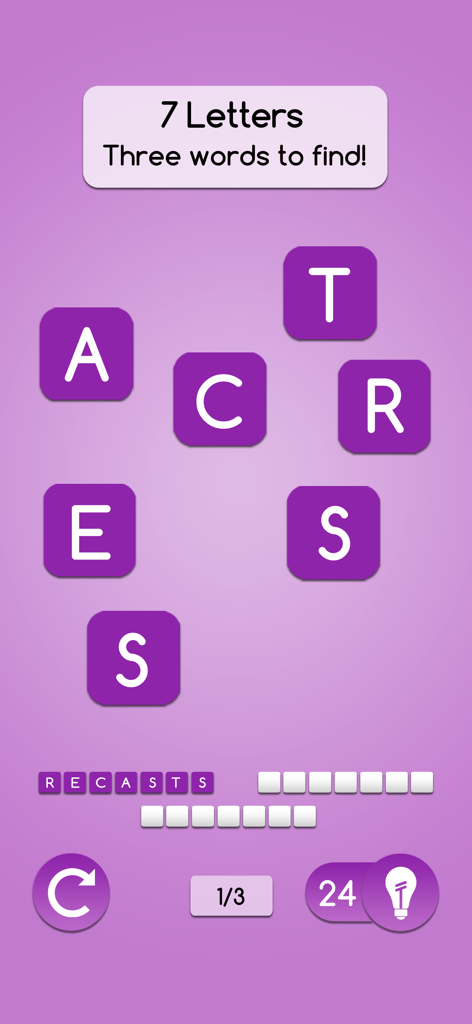 AnagrApp - Fun Word Game - AnagrApp interface showing a seven letter word puzzle with purple tiles.
