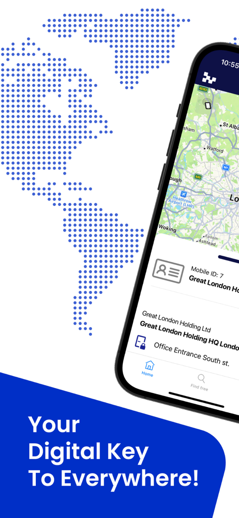 Bitwards - Bitwards mobile app interface showing the slogan Your Digital Key To Everywhere with a map and office access details