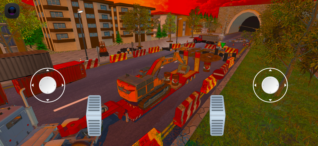 An orange excavator on a flatbed trailer being transported through a city construction site in a mobile simulation game