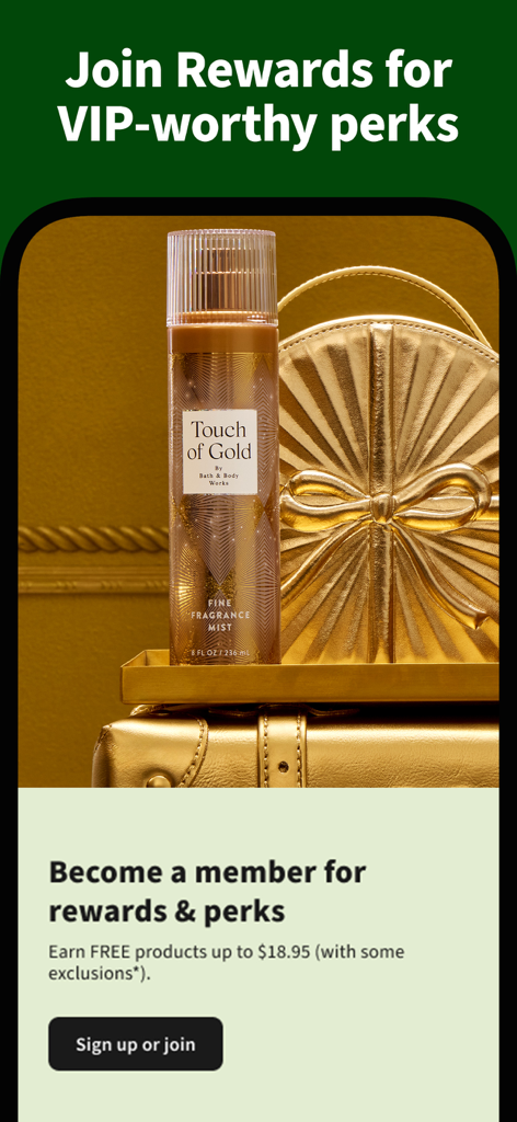 Promoción de recompensas de la aplicación de Bath and Body Works con un spray de fragancia Touch of Gold e información sobre beneficios para miembros VIP.