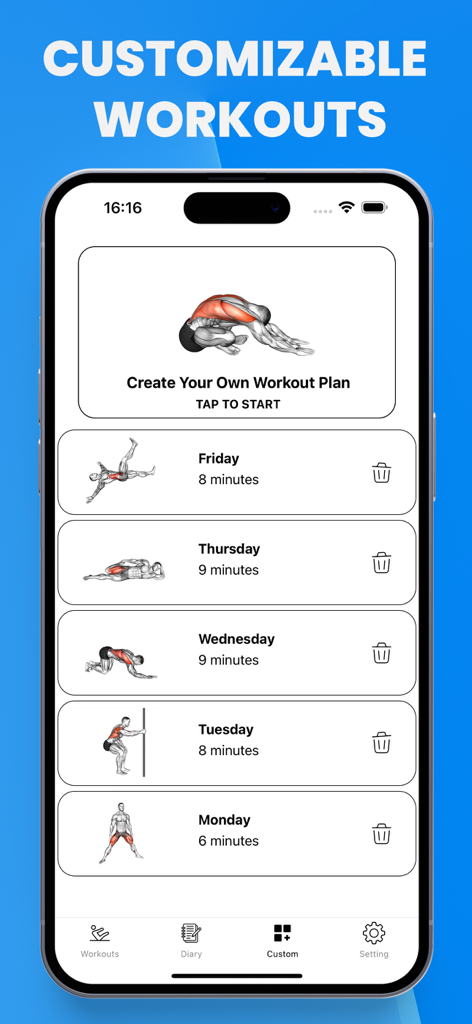 Stretch for Pain & Tension - Smartphone interface showing a customizable weekly stretching routine