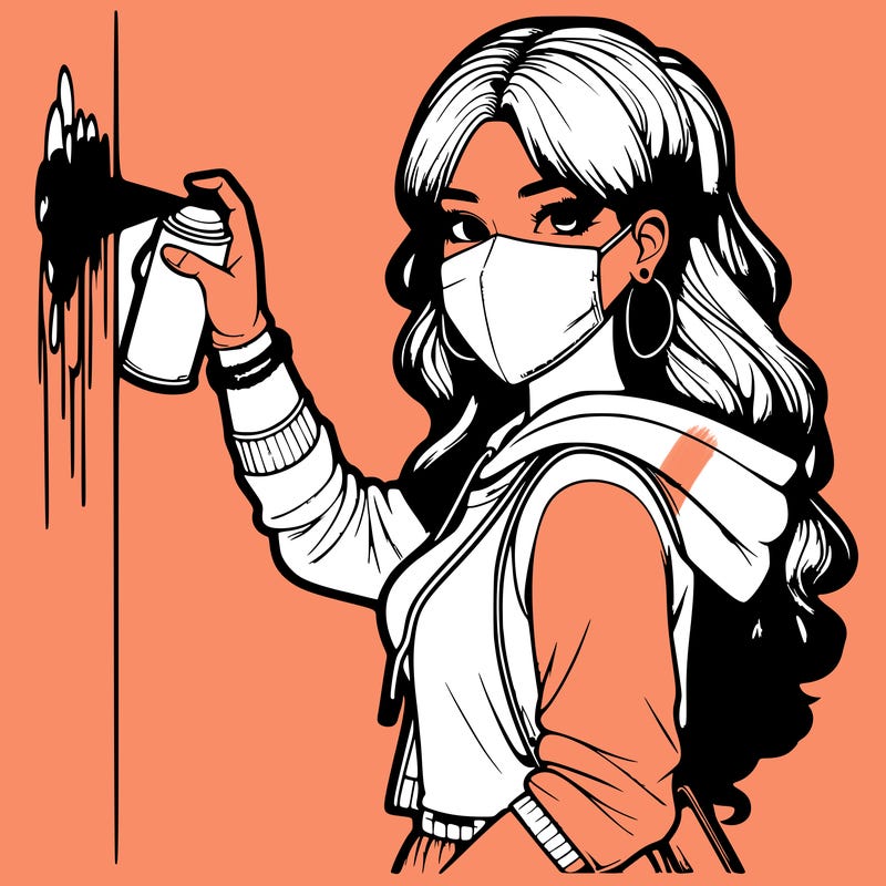 realistic girl with mask spray painting a wall