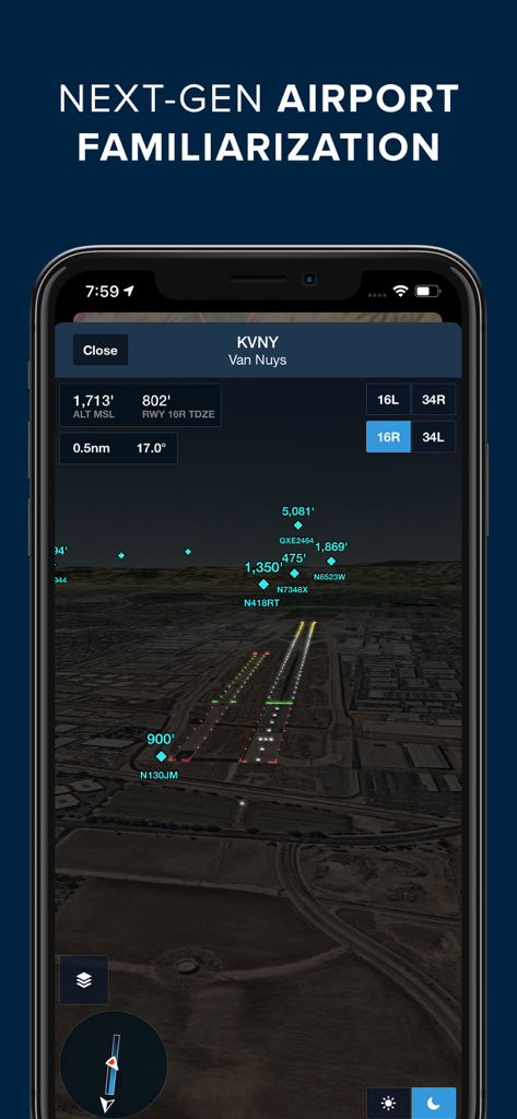 ForeFlight Mobile EFB - ForeFlight Mobile EFB showing 3D airport familiarization at night for KVNY Van Nuys