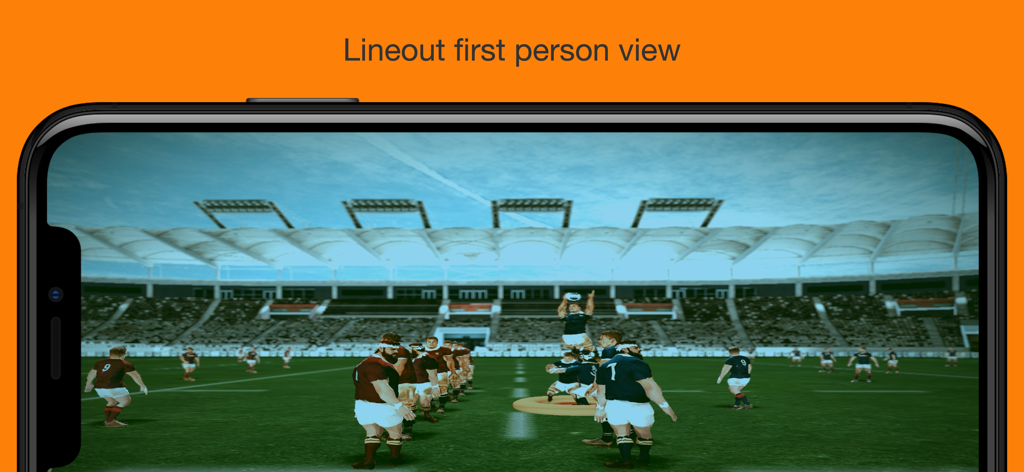 Una perspectiva en primera persona 3D de una jugada de lineout de rugby dentro de un estadio.